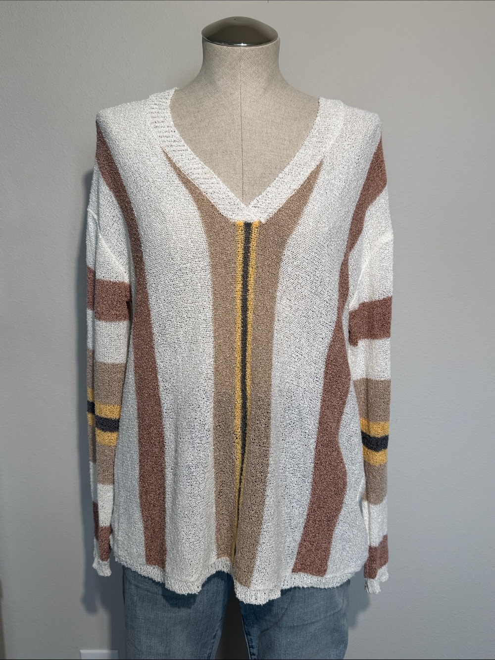 Willow and Root- Buckle: White V-Neck Sweater with Brown, Tan & Yellow Stripes
